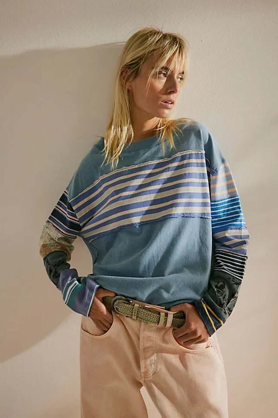 We The Free Mixed Print Long Sleeve Patchwork Top